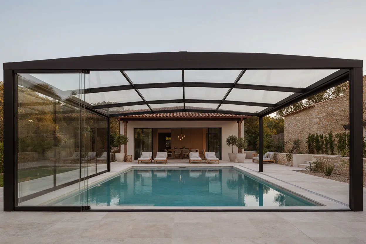 Abri de piscine haut vitré aménagé comme une véranda
