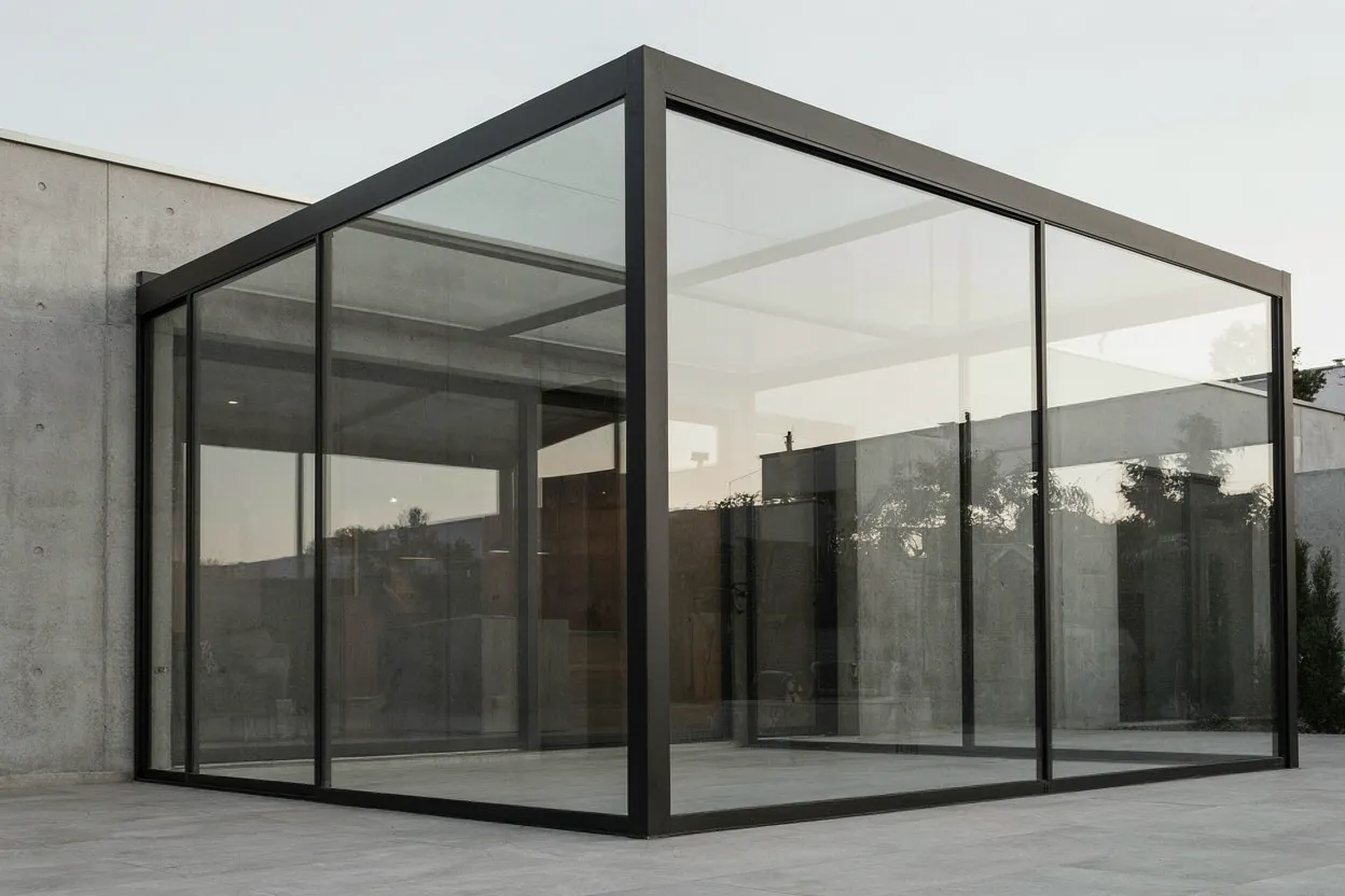 Abri de piscine contemporain minimaliste devant une villa en béton