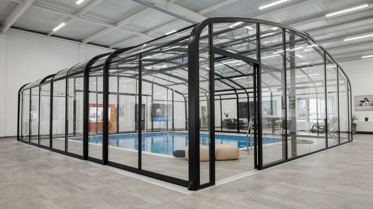Conseillers présentant une brochure d'abri de piscine à un couple dans le showroom