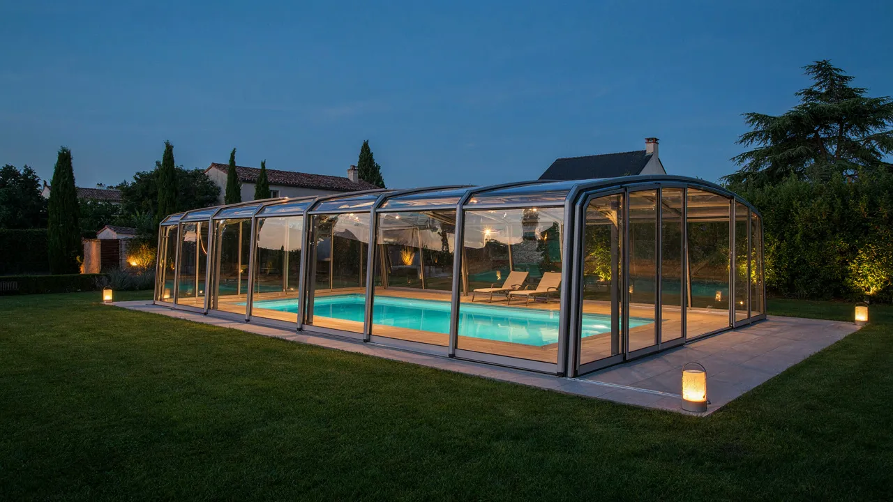 Abri de piscine bas en aluminium et polycarbonate illuminé au crépuscule dans un jardin français